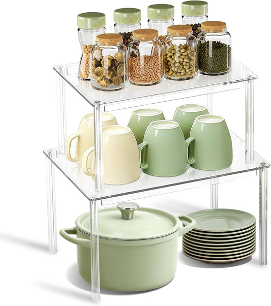 Clear Kitchen Cabinet Organizer, Set of 2 Stackable Spice Rack, Acrylic Shelves for Pantry Organizers and Storage, Tiered Spice Organization for Cabinet, Shelf Organizer for Desk Countertop