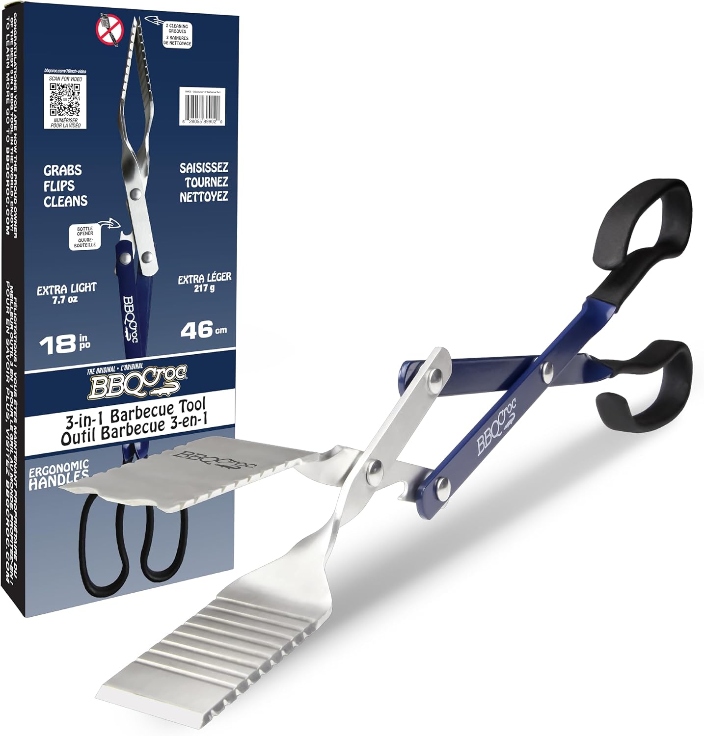 BBQ Croc 3 in 1 Barbecue Tool 18-inch - Lightweight and Long Tongs, Spatula and Grill Scraper (Blue) (18 inch Without Flashlight)