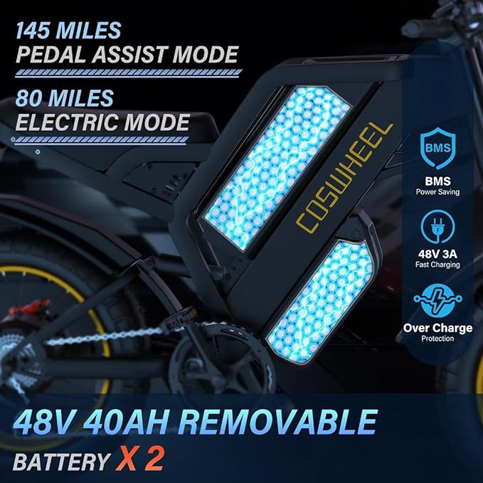 COSWHEEL GT20 Electric Bike for Adults 2000W/4000W 48V/25/40AH Removable Battery 83-145 Miles 7-Speed 20x4.0 Fat Tires Dirtbike Electric Mountain Bike for Cross City & Rocky Off-Road Riding