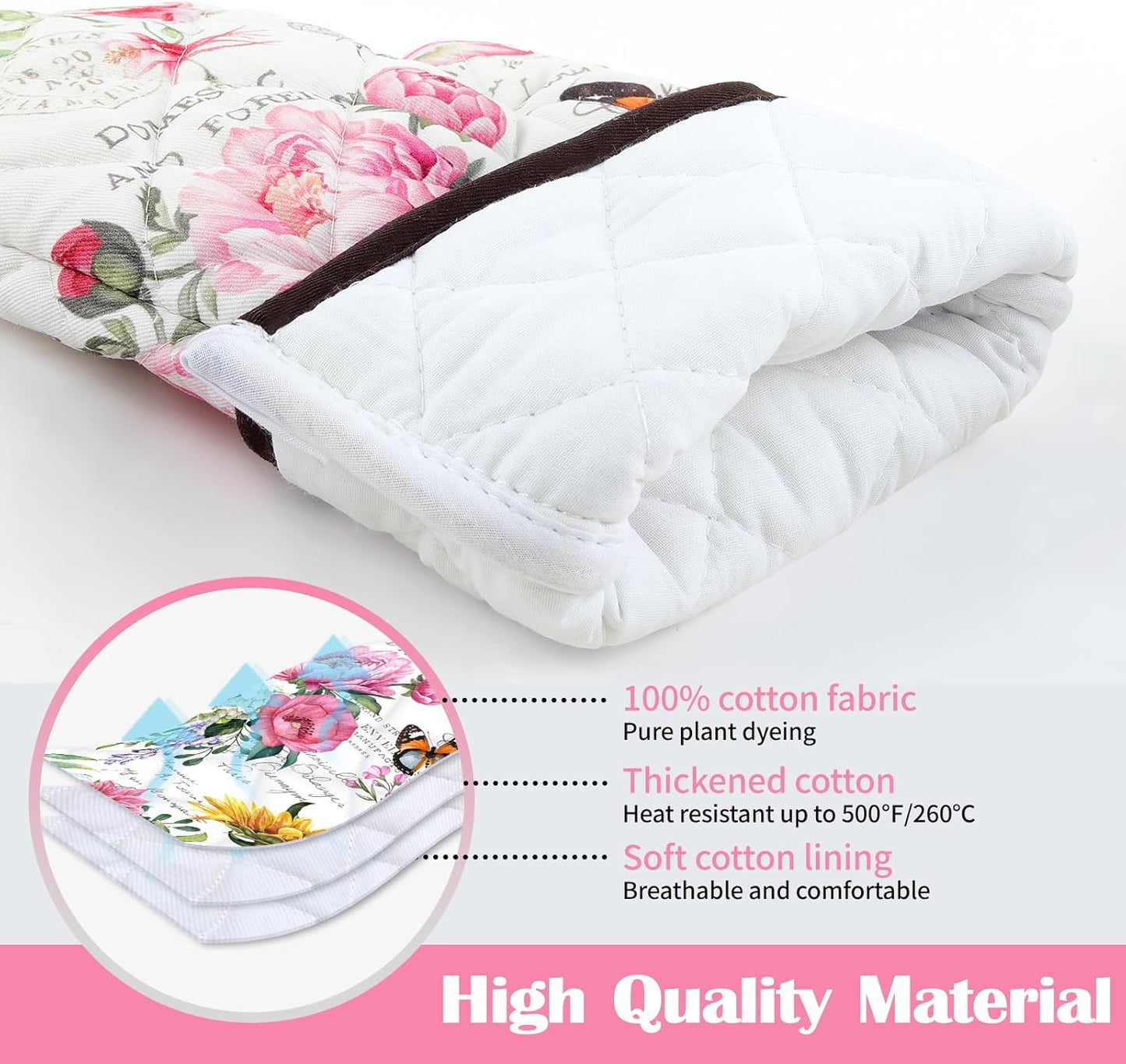 Vintage Flower Oven Mitts and Pot Holders Sets 2Pcs, 100% Cotton Heat Resistant, Extra Long Oven Gloves Potholder for Kitchen Cooking Baking Decoration