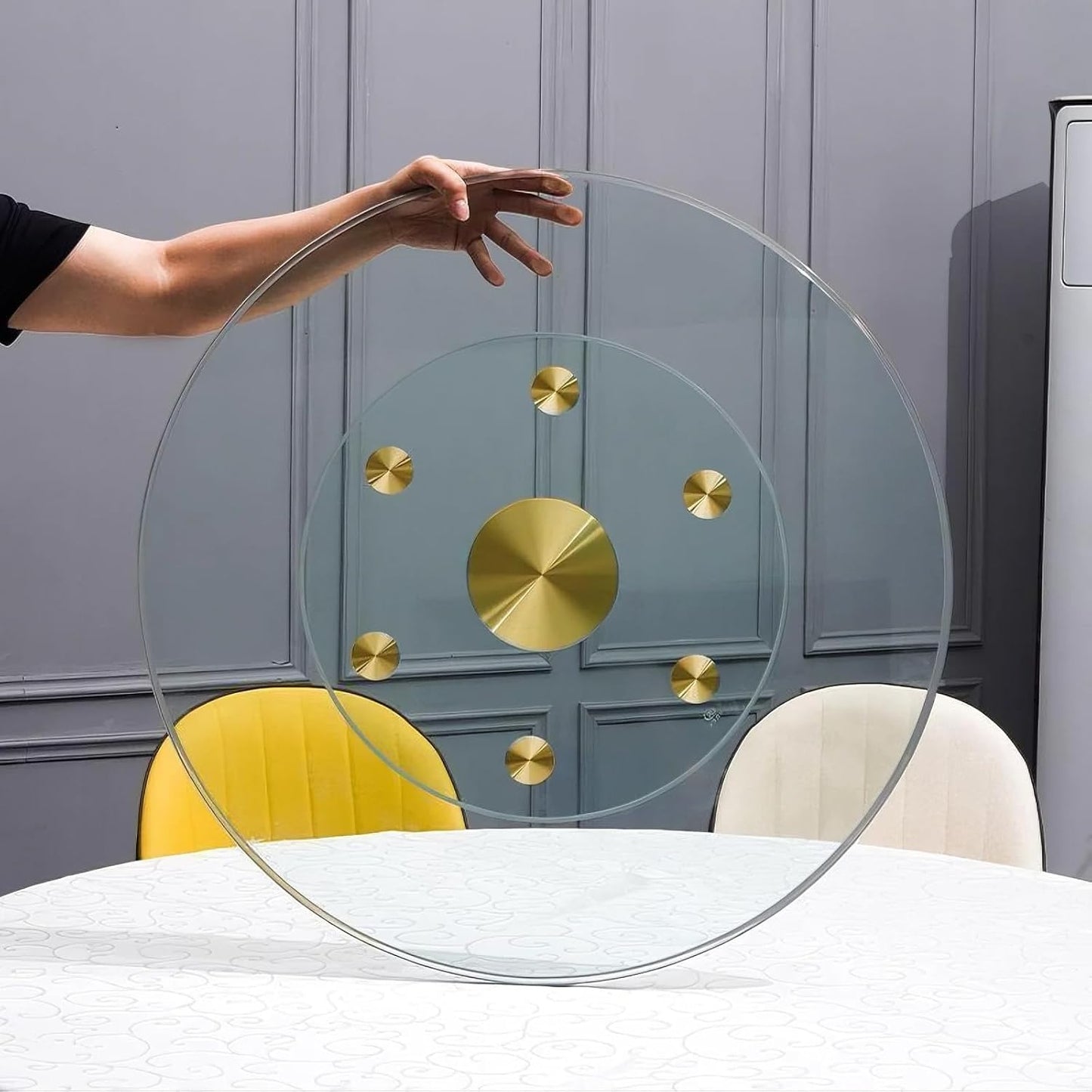 24" Tempered Glass Lazy Susan Turntable, 360° Silent-Spin Round Clear Tabletop Rotating Tray, Centerpiece for Dining Tables, Smooth Rotation, for Banquets, Weddings & Family Gatherings