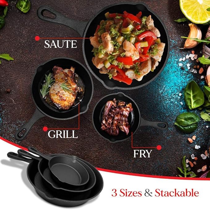 NutriChef Pre-Seasoned Cast Iron Skillet Pans - 3 Pieces Kitchen Frying Pan Nonstick Cookware Set w/Drip Spout - Includes Scraper - Electric Stovetop, Induction, Gas Range, Ceramic - NutriChef NCCI76