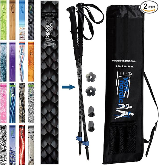 York Nordic Hiking & Walking Poles - Cushion Foam Grips w/Nordic Strap - Lightweight, Adjustable, and Great for Balance -2 Pieces w/Flip Locks, and Travel Bag - Heights 5'4"-6'2"