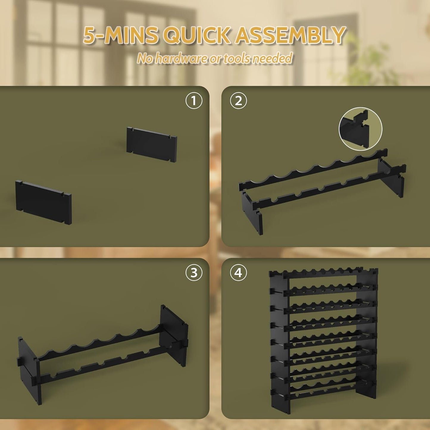 Wine Rack Freestanding Floor, Bamboo 8-Tier 69 Wine Bottle Holder Racks Countertop Cabinet Display, Wooden Stackable Modular Wine Storage Organizer Shelves for Kitchen Bar Cellar Dining Room Black