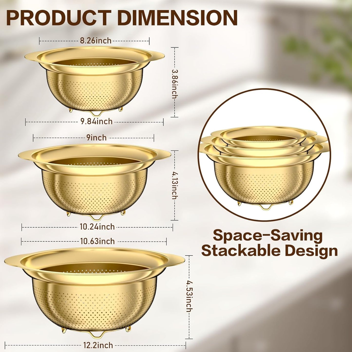 Stainless Steel Strainers for Kitchen, Stainless Steel Colander, Kitchen Strainer for Pasta Fruits Vegetables, 3 Pack Strainers and Colanders(2QT, 3QT, 5QT), Rust-Proof & Dishwasher Safe, Gold
