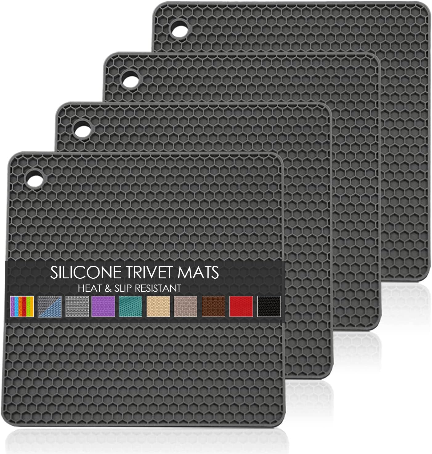 Silicone Trivets for Hot Pots and Pans, Multi-Purpose Trivet Mat for Hot Dishes Set of 4, Heat Resistant Durable Flexible Silicone Pot Mat for Countertop, Easy to Wash and Dry, Dark Gray, Square