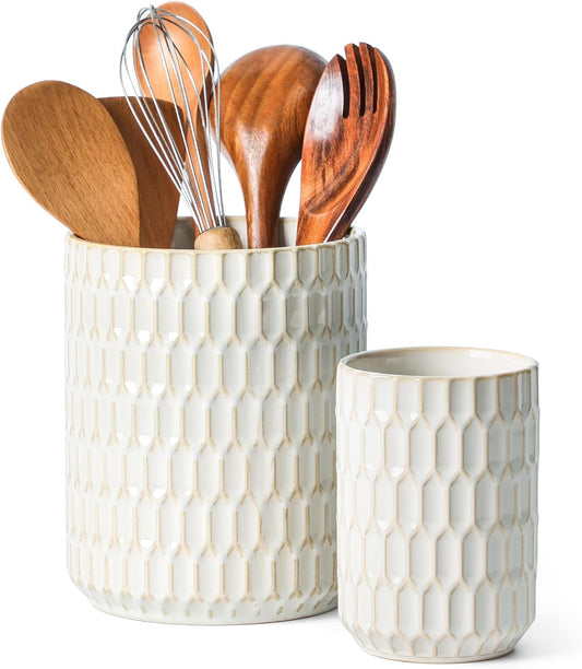 Utensil Holder, 7.3"+5.4" Ceramic Kitchen Utensil Holder for Countertop, Large Cooking Utensil Crock for Kitchen Counter, Set of 2, Beige