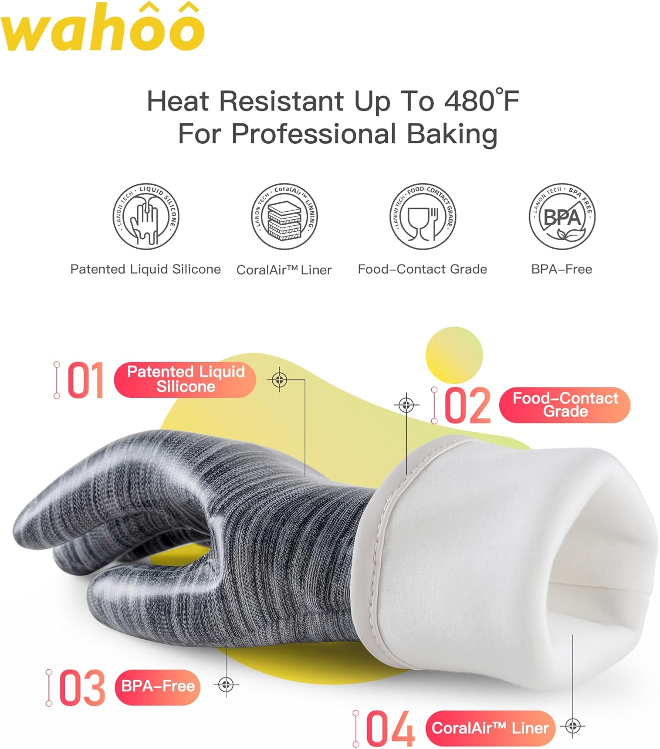 wahoo Liquid Silicone Smoker Oven Gloves, Food-Contact Grade, Heat Resistant Gloves for Cooking, Grilling, Baking, Grey, XXL/11