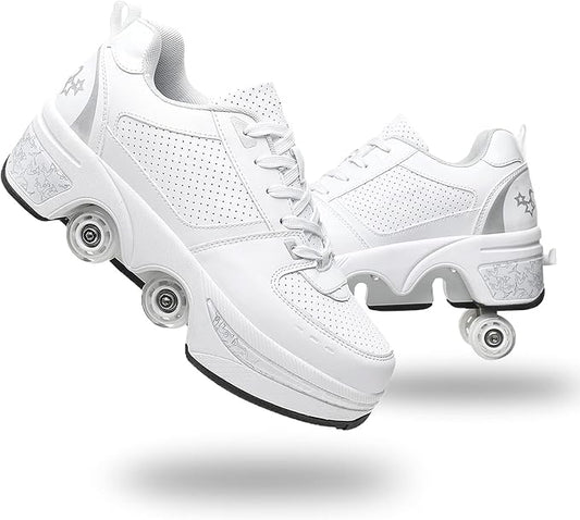 Roller Skate Shoes for Women Four Rounds Children's Roller Skates Shoes That Turn into Rollerskates Sneakers Outdoor Light Shoes with Wheels for Girls/Boys