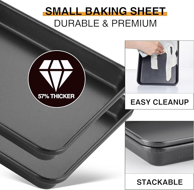 HONGBAKE 2 Pack 9.7X7.5" Toaster Oven Pans for Baking, 57% Thicker Nonstick 1/8 Cookie Sheet Pan Set, Small Baking Tray, Dishwasher Safe and Heavy Duty, Black