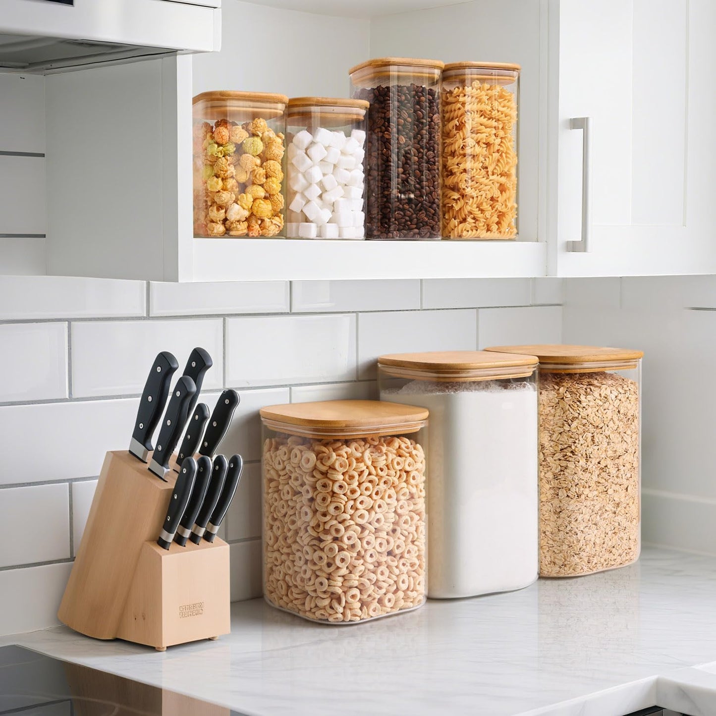 ComSaf Glass Pantry Storage Containers, 4.6Qt/1.6Qt Large Square Flour and Sugar Containers with Airtight Lids, 1.2 Gallon Glass Jars with Bamboo Lids for Rice, Pasta, Cookies, Coffee Beans