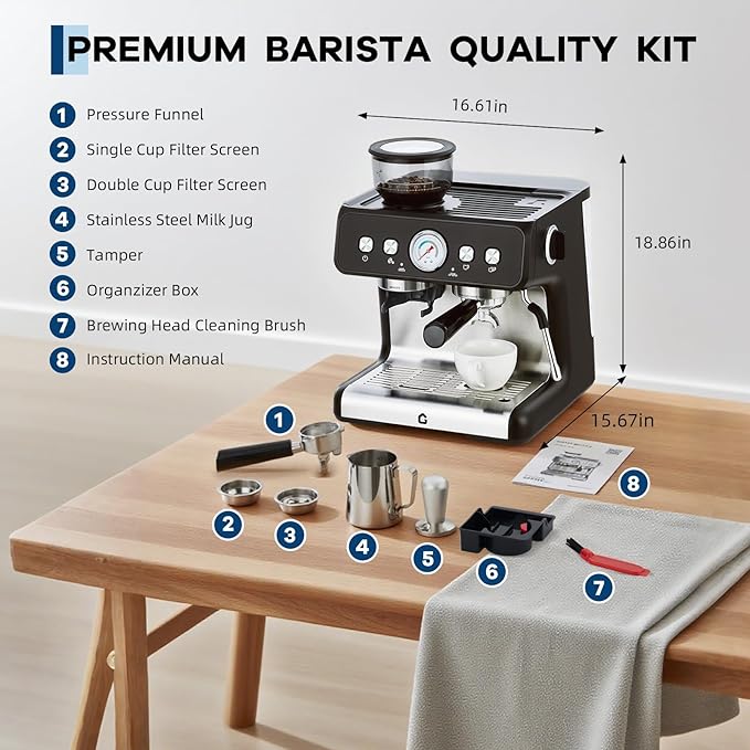 Garvee 20 Bar Pressure Stainless Steel Espresso Machine with Grinder, 2.8L Removable Water Tank, Milk Frother Steam Wand for Latte/Cappuccino - Adjustable Shot Volume, Professional Home/Office Use