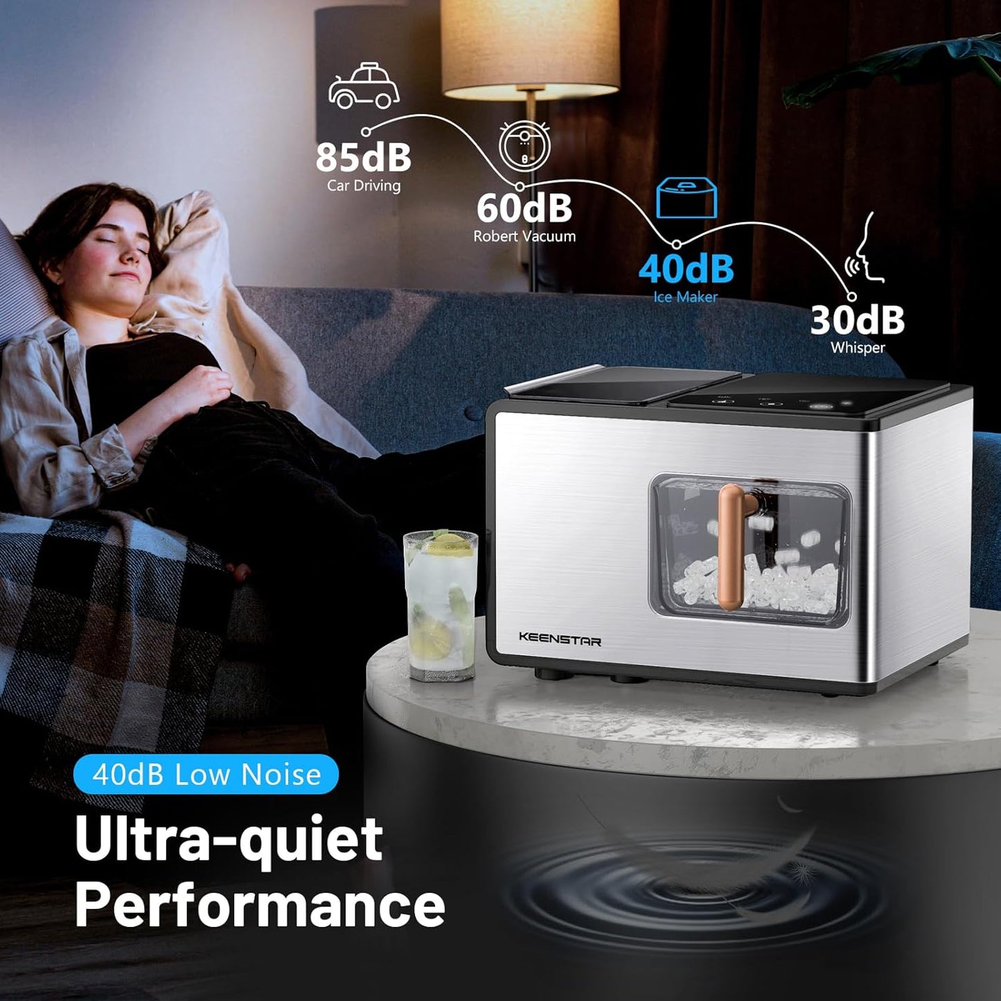 Nugget Ice Maker Countertop, 40lbs/24H, Pebble Ice Maker with Soft Chewable Ice, Self Cleaning Sonic Ice Machine, Stainless Steel w/Touch Screen for Home Office Bar Party- Silver