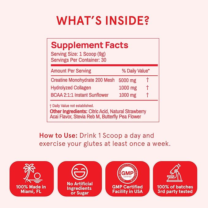Creatine Monohydrate Powder, Glute Builder Creatine for Women with Collagen, BCAAs, 5g Vegan Micronized Creatine per Serving, for Energy, Muscle Support, 30 SVG, Strawberry Acai