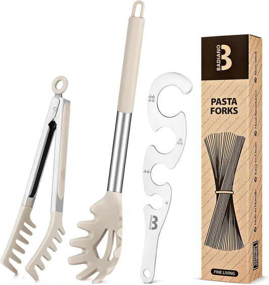 Silicone Spaghetti Spoon & Pasta Tong With Pasta Measurer, 3 Pack of Non-Stick Stainless Steel Handle Pasta Fork Set with Teeth, Food Clip for Easy Serving of Noodles (KHAKI)