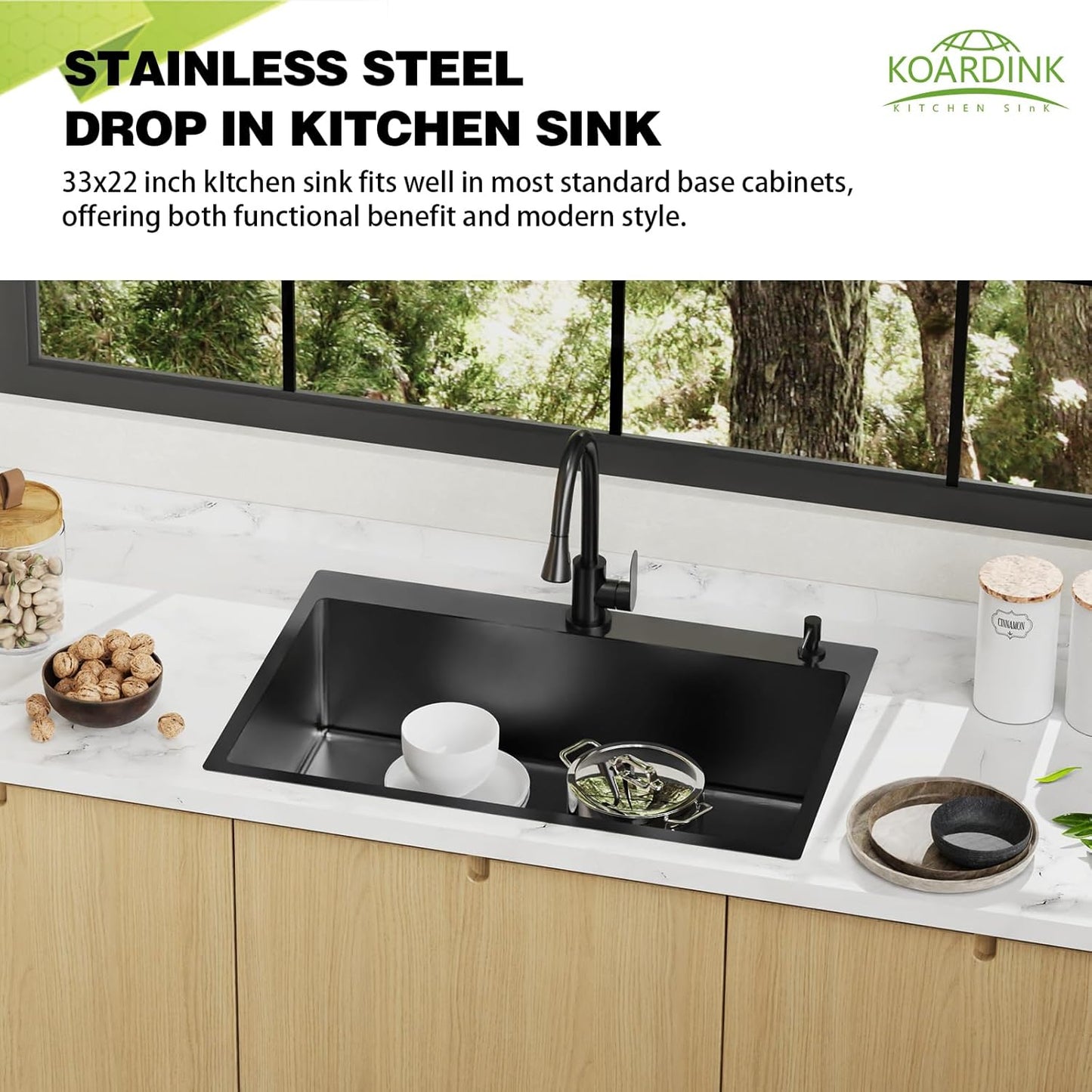 Black 33x22 Inch Stainless Steel Kitchen Sink - Drop In Modern Single Bowl Topmount Kitchen Sink With Silicon Mat,Drain Strainer Set Offering Large Basin Compatibility With Various Kitchen&Bar Style