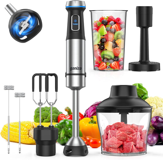 Ganiza Immersion Blender Handheld, 6 in 1 Hand Blender Stainless Steel Blade, 15 Speed Stick Blenders Electric, 800ml Mixing Beaker, 600ml Chopper, Whisk, Frother, Potato Masher