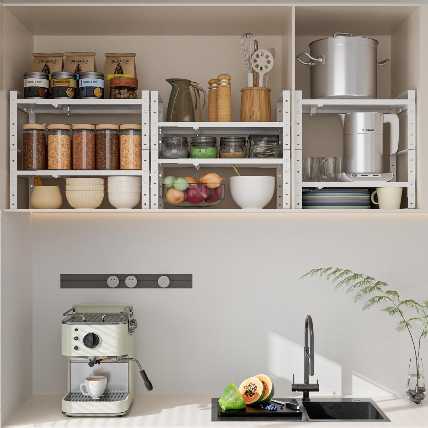 Expandable,Adjustable & Stackable Spice Rack, Cabinet Kitchen Countertop Shelf Organizer,Metal Pantry Storage Shelves - Space-Saving Storage Solution(2Packs/White/Large)