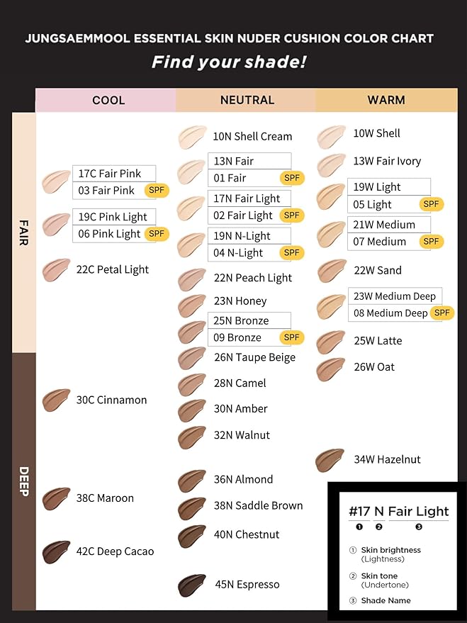 JUNG SAEM MOOL Essential Skin Nuder Cushion 10W Shell 0.49 Fl Oz, No Refill, Natural Radiant Finish Cushion Foundation with Buildable Coverage, Lightweight Texture, Korean Foundation Makeup