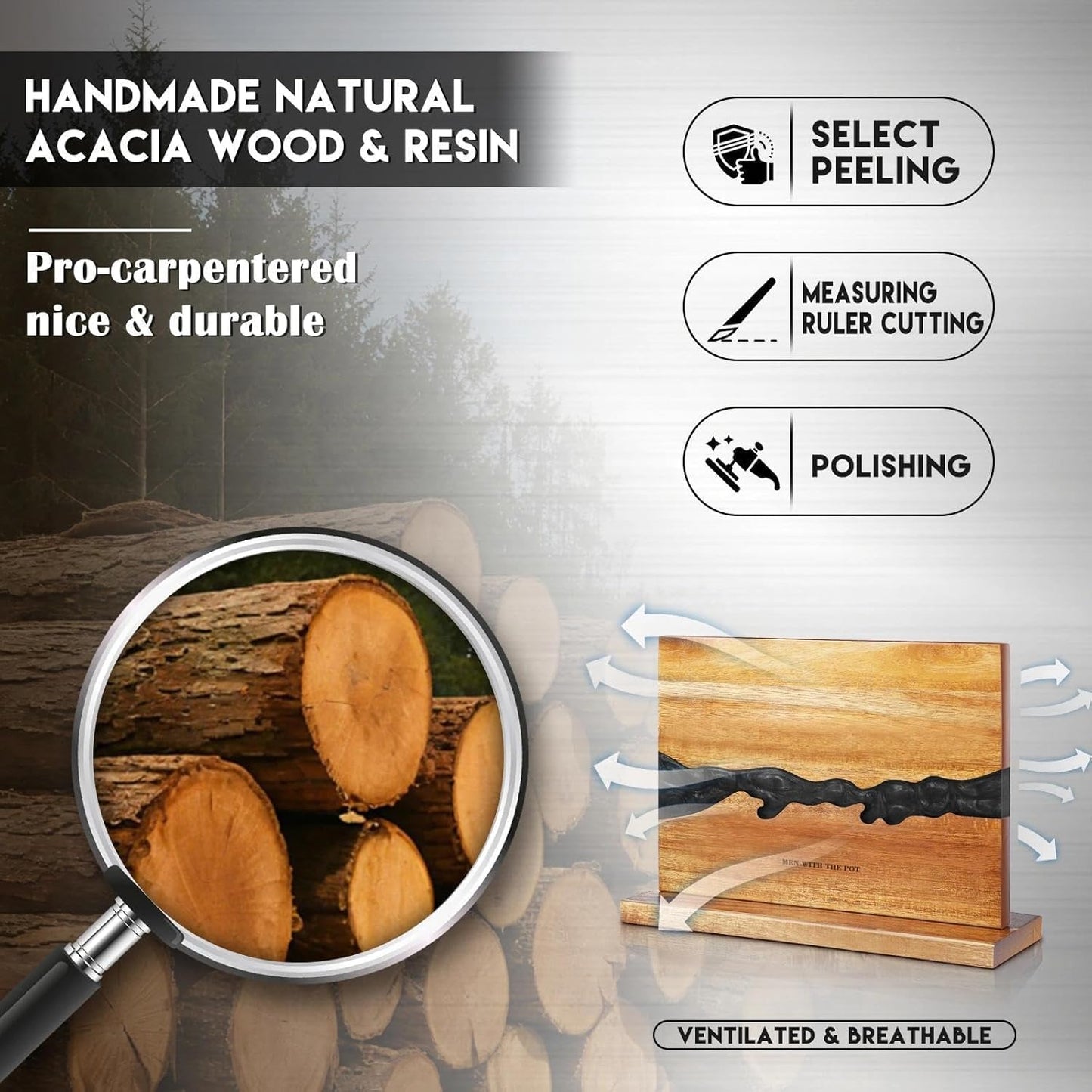 MEN WITH THE POT 13 x 10 Inches Magnetic Knife Block, Double Sided Powerful Wood & Black Flow Pattern Magnetic Kitchen Knives Holder Stand, Knife Storage Organizer for Kitchen Counter (Without Knives)