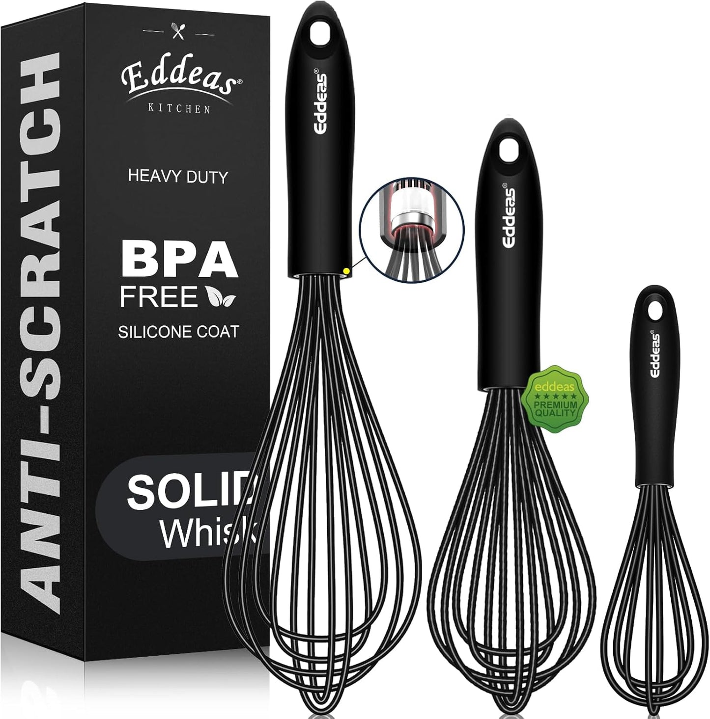 Whisks For Cooking - 500 °F Heat Resistant Silicone Whisk, Heavy Duty 7",9"&11inch Non-Scratch Balloon Kitchen Wisk tool Set, for cooking Wisking, Blending, Beating, Stirring, 3 Piece Black