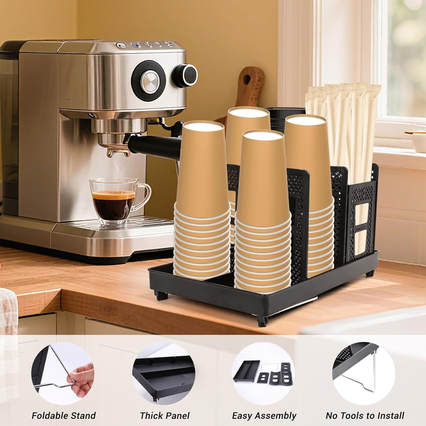 6 Slots Coffee Cup Holder for Countertop - Disposable Cup Holder with Foldable Stand, Paper Cup Dispenser with Mesh Baske for Coffee Station, Bar, Office, Home, Restaurant, Black