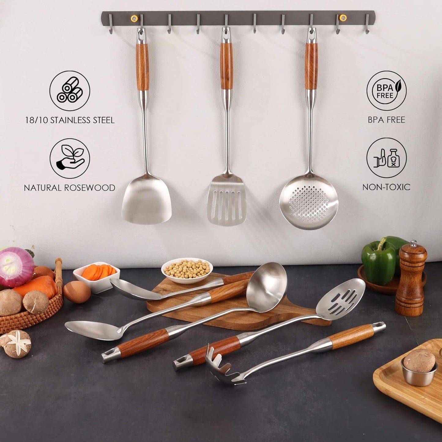 18/10 Stainless Steel Kitchen Utensils Set with Wood Handle - 15”Metal Cooking Tools & Serving Utensil, 8-Pieces Cooking Spoons Set - Spatula, Ladle, Skimmer, Turner, Pasta, Solid Spoon, Slotted Spoon