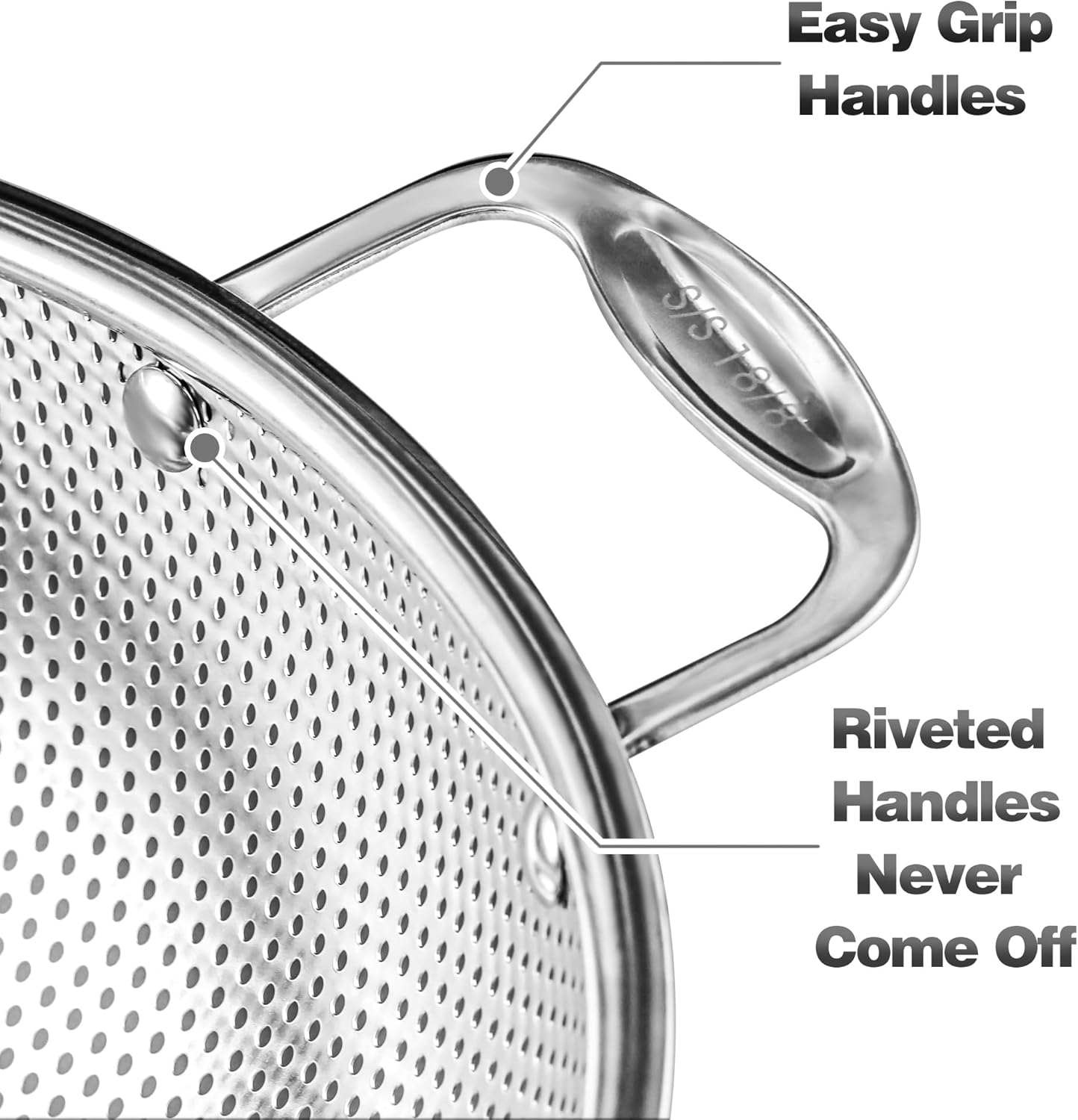 Tiawudi Large 6-Qt Colander, 18/8 Stainless Steel Mesh Strainer for Kitchen, Food Sieve with Riveted Handles and Self-draining Solid Ring Base, Great for Pasta, Rice, Vegetables and Fruits