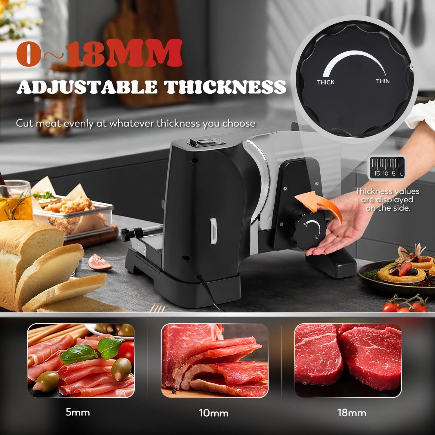 Moongiantgo Meat Slicer Electric with Removable 7.5’’ Blades Stainless Steel, 0-18mm Adjustable Thickness, Deli Food Slicer with Child Lock Protection for Meat, Fruit, Bread, Cheese, 110V