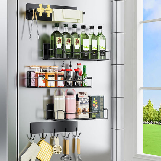 5 Pack Multifunctional Magnetic Shelves for Refrigerator Spice Rack & Washing Machine Organize, Include Towel Rack, Kitchen Utensil Hanger and Hooks, Strong Magnet for Secure Hold (Line style, Black)