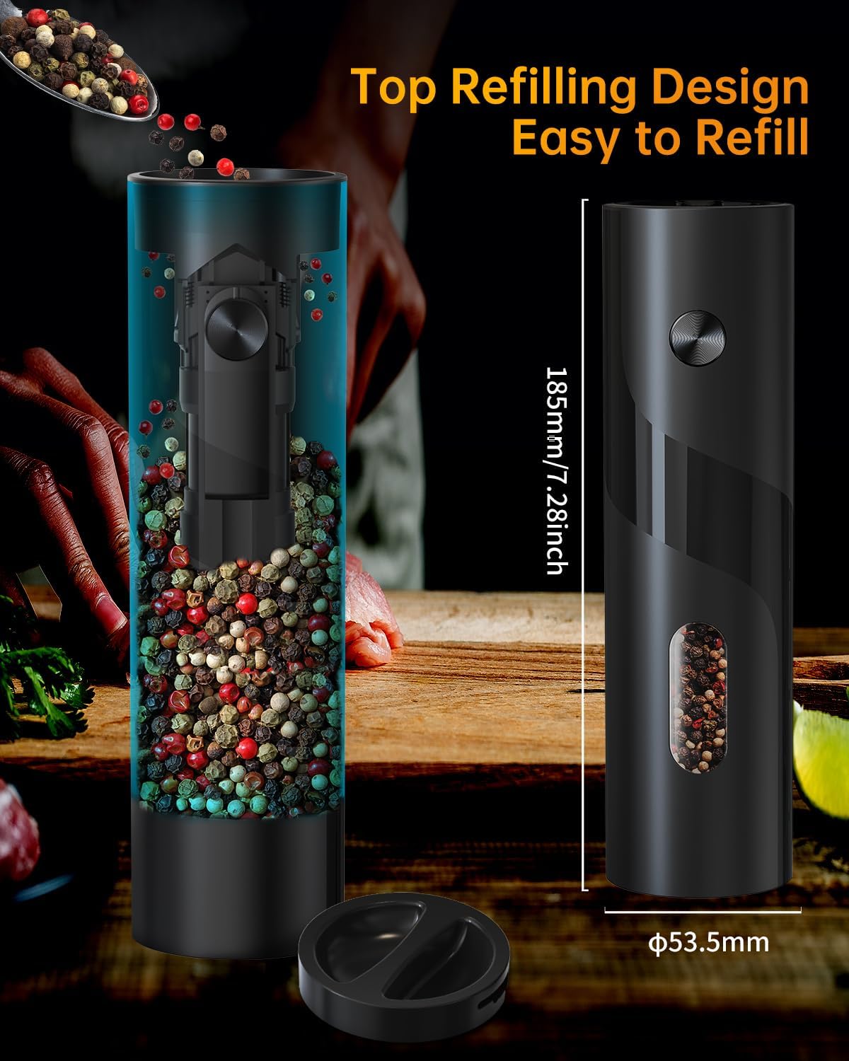 CIRCLE JOY Electric Pepper Mill Top-Refill Battery Operated Black Pepper Grinder with Upgraded Large Capacity, Adjustable Coarseness, Led Light