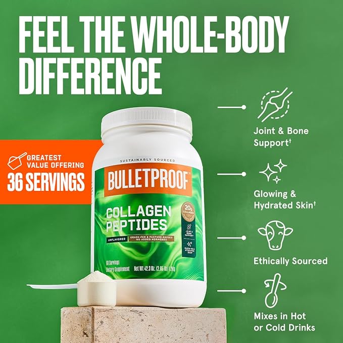 Bulletproof Unflavored Collagen Peptides Powder, 42.3 Ounces, Grass-Fed Collagen Protein and Amino Acids for Skin, Bones and Joints