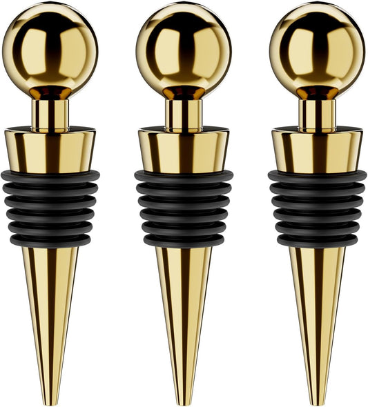 Wine Stoppers for Wine Bottles 3Pcs Vacuum Wine Bottle Stopper with Silicone Reusable Wine Corks, Leak proof Keep Fresh Suitable for Standard (Gold, 3 Pack)
