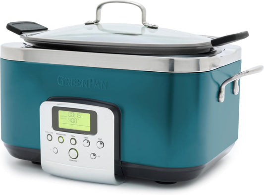 GreenPan Elite 8-in-1 Programmable 6QT Electric Slow Cooker, Dishwasher Safe Lid & Removable Crock, PFAS-Free Healthy Ceramic Nonstick Multi-Cooker, Sear, Sauté,Brown, Steam Basket, Roast, Deep Teal