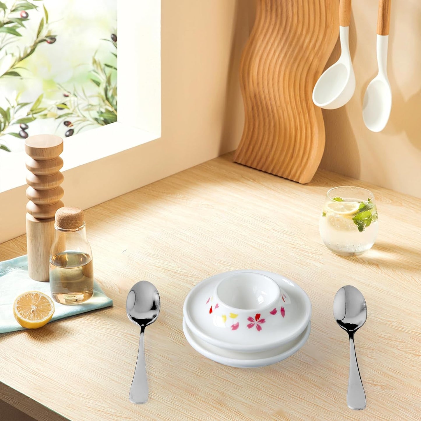 Cinf Ceramic Sakura Egg Holder Set of 2 Porcelain Holder With 2 Stainless Steels Egg Spoons Breakfast Boiled Cooking Easy to Clean Childhood Memories Kitchen