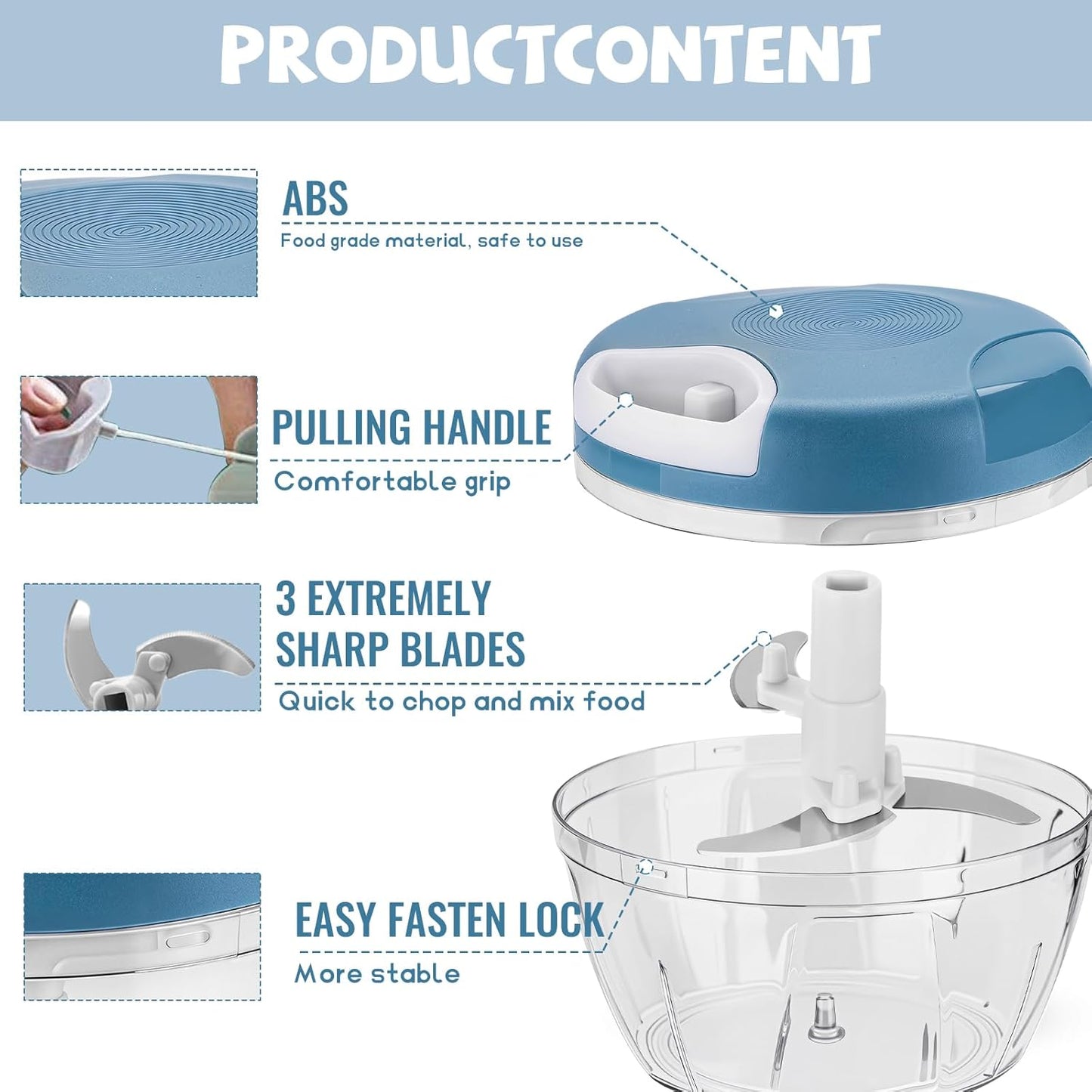 Manual Food Chopper: Hand Pull String Vegetable Chopper for Onion, Garlic, Pepper, Nuts, Tomato, etc.,500ml.