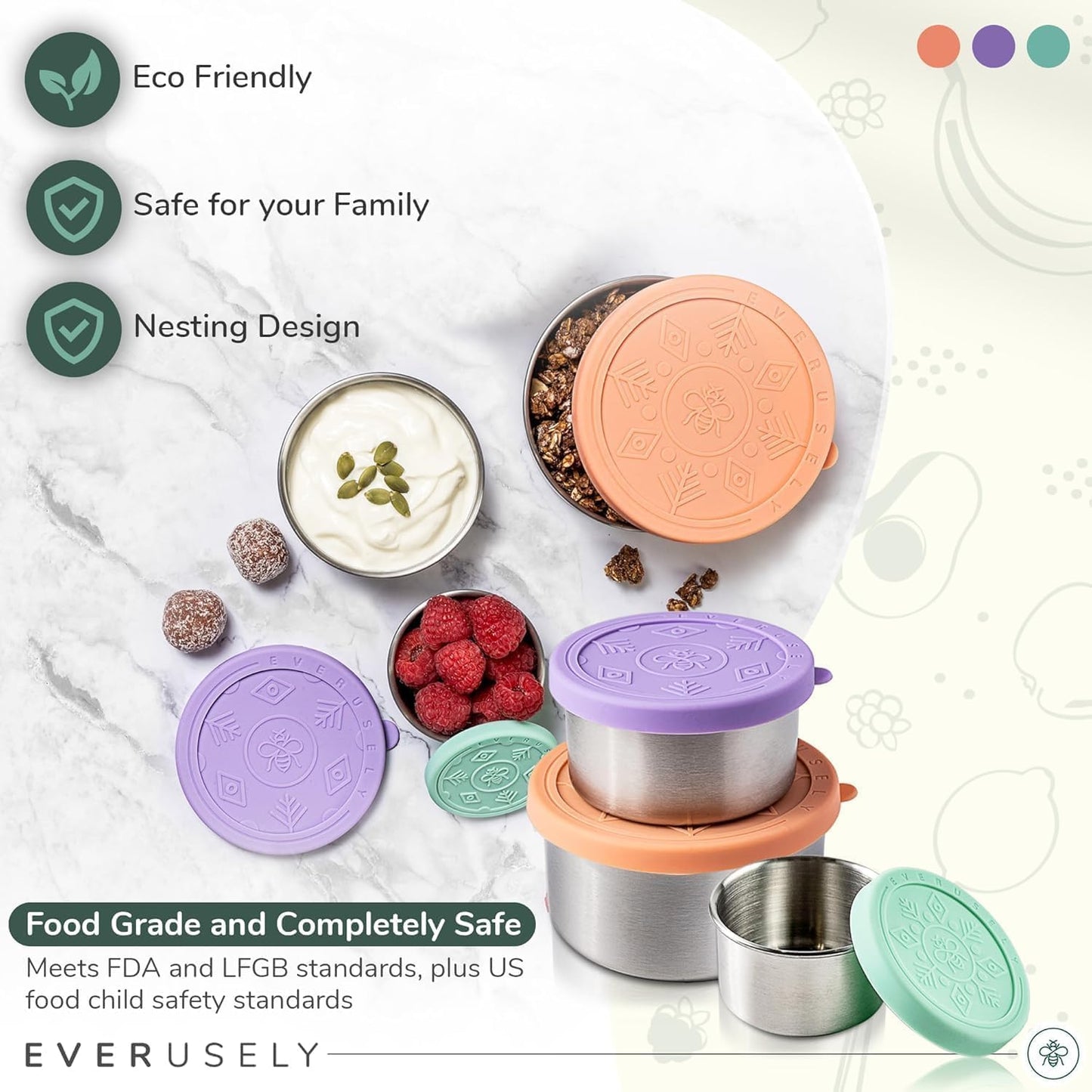 Everusely - Stainless Steel Food Containers - 3 Pack, Bright - Lunch Box - Snack Containers for Office, Home Food Storage - Leakproof with Silicone Lids - Dishwasher & Freezer Safe