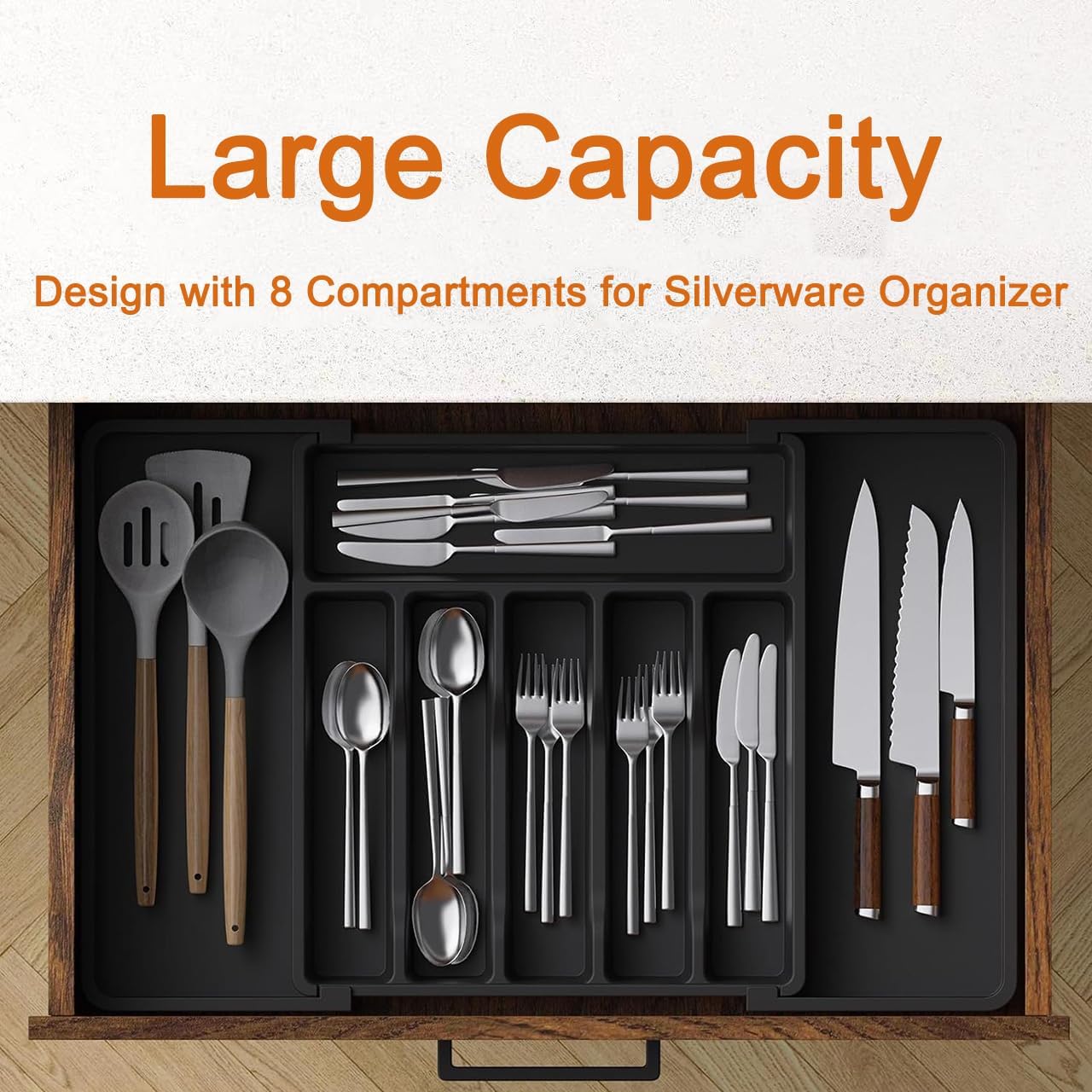 Silverware Drawer Organizer - Expandable Deep Utensil Organizer for Kitchen Drawers(13"-22.4" x 15", Black)