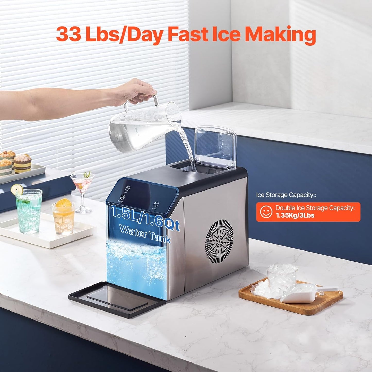 VEVOR Nugget Ice Maker, 33lbs/24H Pebble Ice Maker with Self Cleaning, Chewable Ice Maker with Ice Scoop & Drip Tray, Stainless Steel Ice Machine with Convenient Ice Transfer for Home Kitchen Office