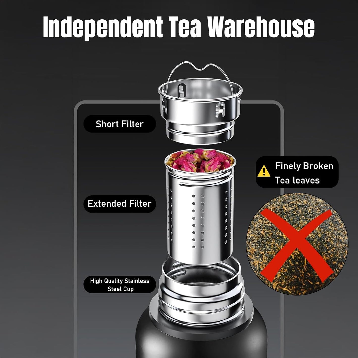 Stainless Steel Water Bottle 20oz, Double Wall Vacuum Metal Water Bottle Meta, Suitable for Gym, Hiking, Camping, Detachable Tea Infuser & Storage-Ready cup,Stainless Steel Bottle