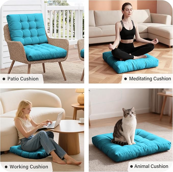 Tiita Square Outdoor Cushions Floor Pillow Thicken Tufted Seat Cushion for Adult Seating on Floor Yoga Meditation Living Room Balcony Office Indoor, Set of 2, 22x22 Inch, Blue