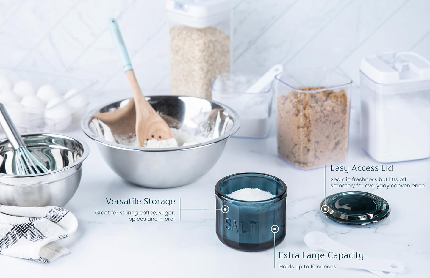 KooK Glass Salt Cellar, with Lid, Embossed Pressed Glass, Clear Storage Container, for Coffee, Sugar, Spices and Candies, Hand Wash Only, 10 oz, (Navy Blue)