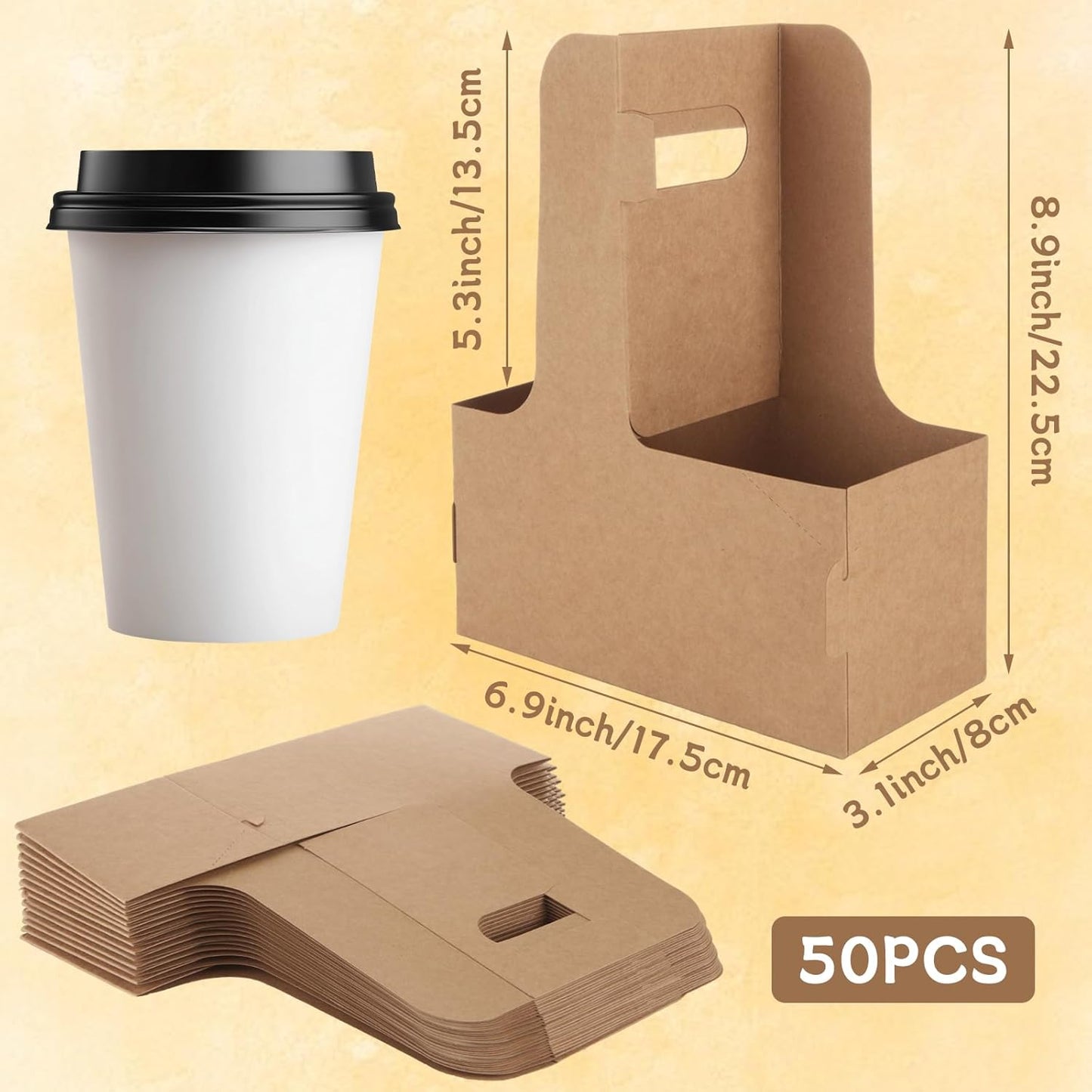 50PCS 2 Cup Drink Carrier with Handle (2 or 4 Cup), Assemblable Drink Holder for Hot or Cold Drinks, Paperboard Coffee Cup Holder for All Your Drink and Food Delivery,Coffee Carrier