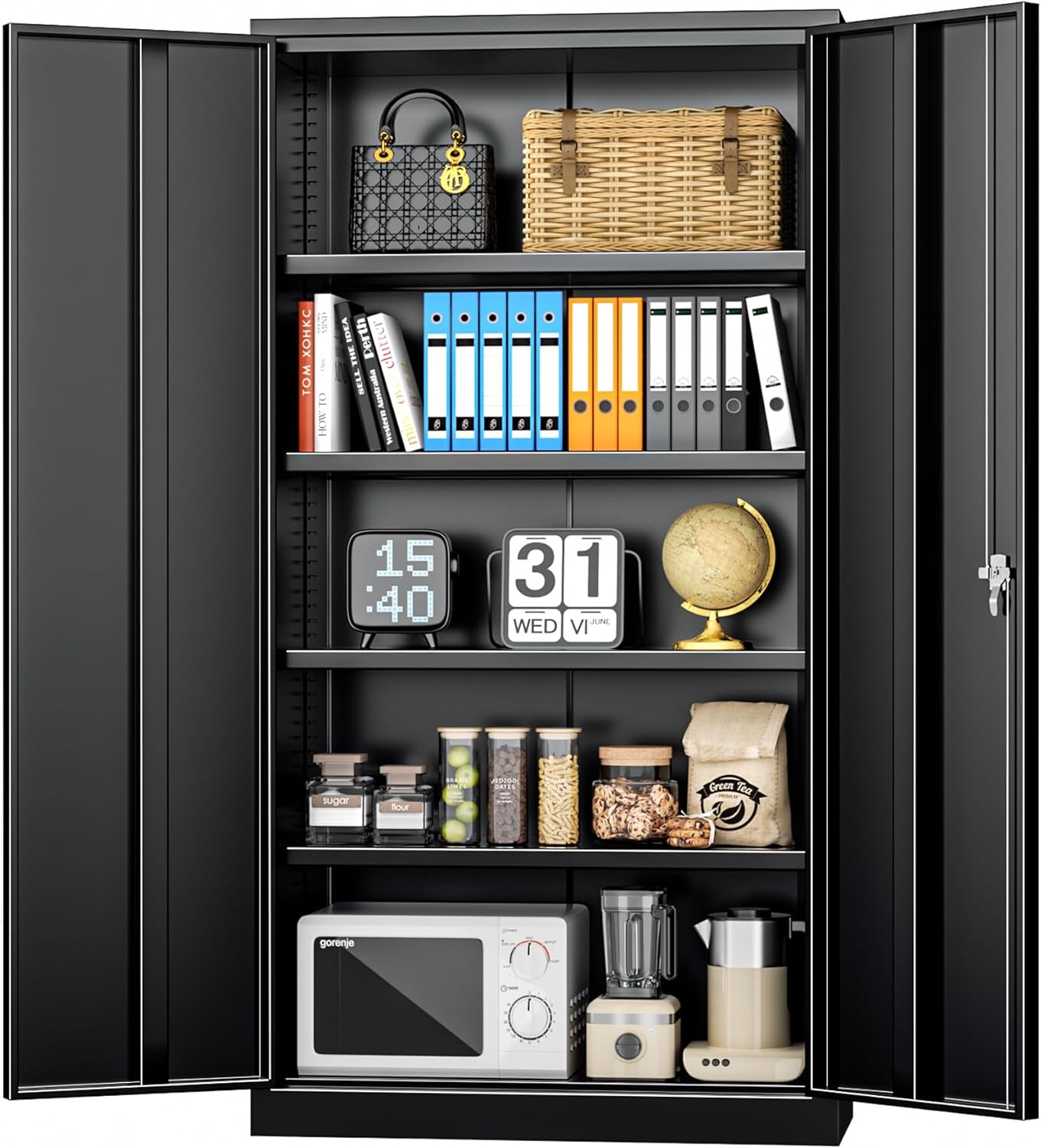 INTERGREAT Metal Storage Cabinets 72” Black Garage Steel Storage Cabinet with Doors and Shelves, Metal Tool Cabinet, Steel File Cabinet for Home Office, Basement, Warehouse, Classroom（Anti Tipping）