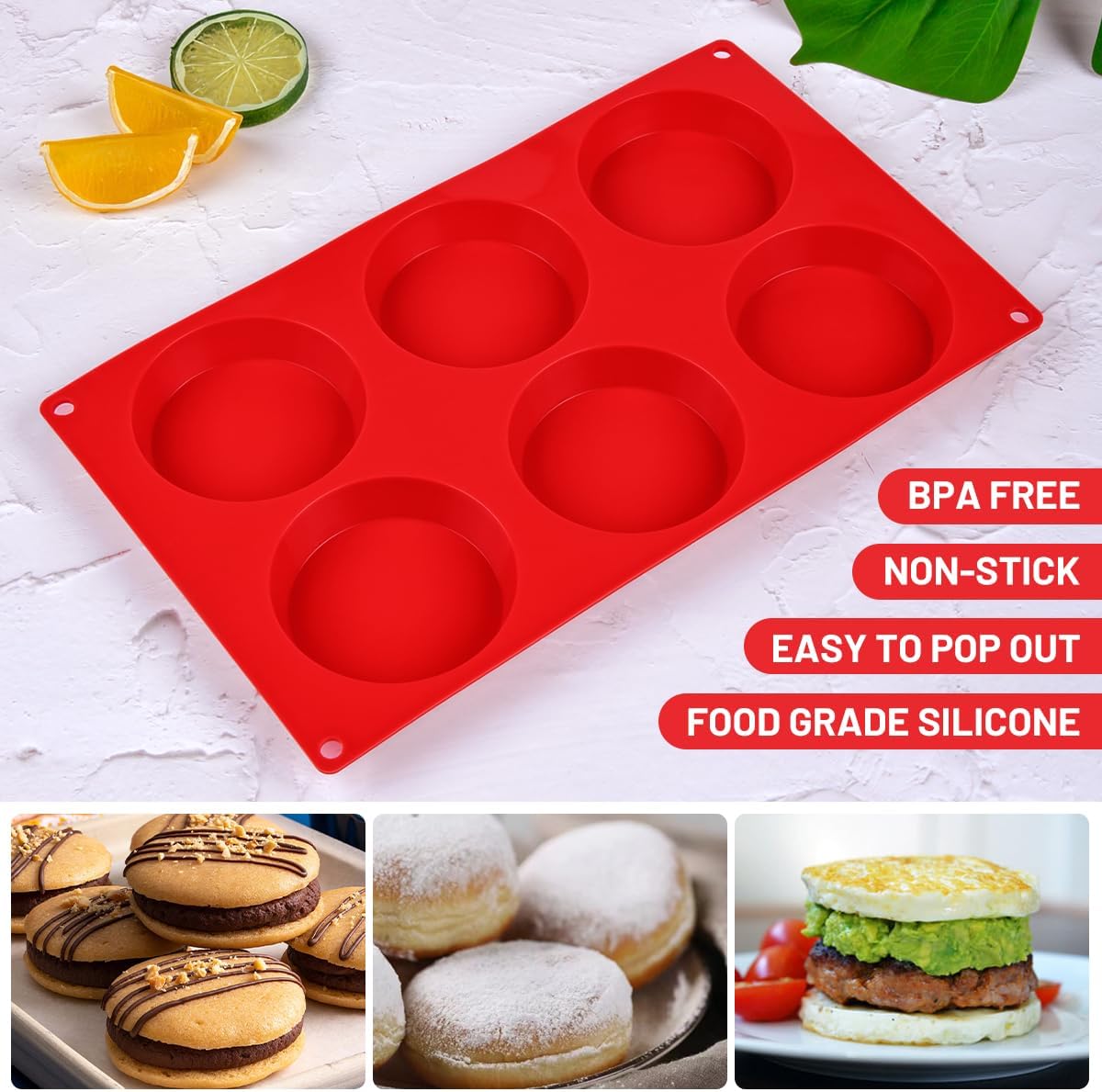 CAKETIME Muffin Top Pan, Silicone Molds for Breakfast Sandwiches, English Muffins, Whoopie Pies, Corn Bread, Egg Bites, Tarts - 2 Pack Red