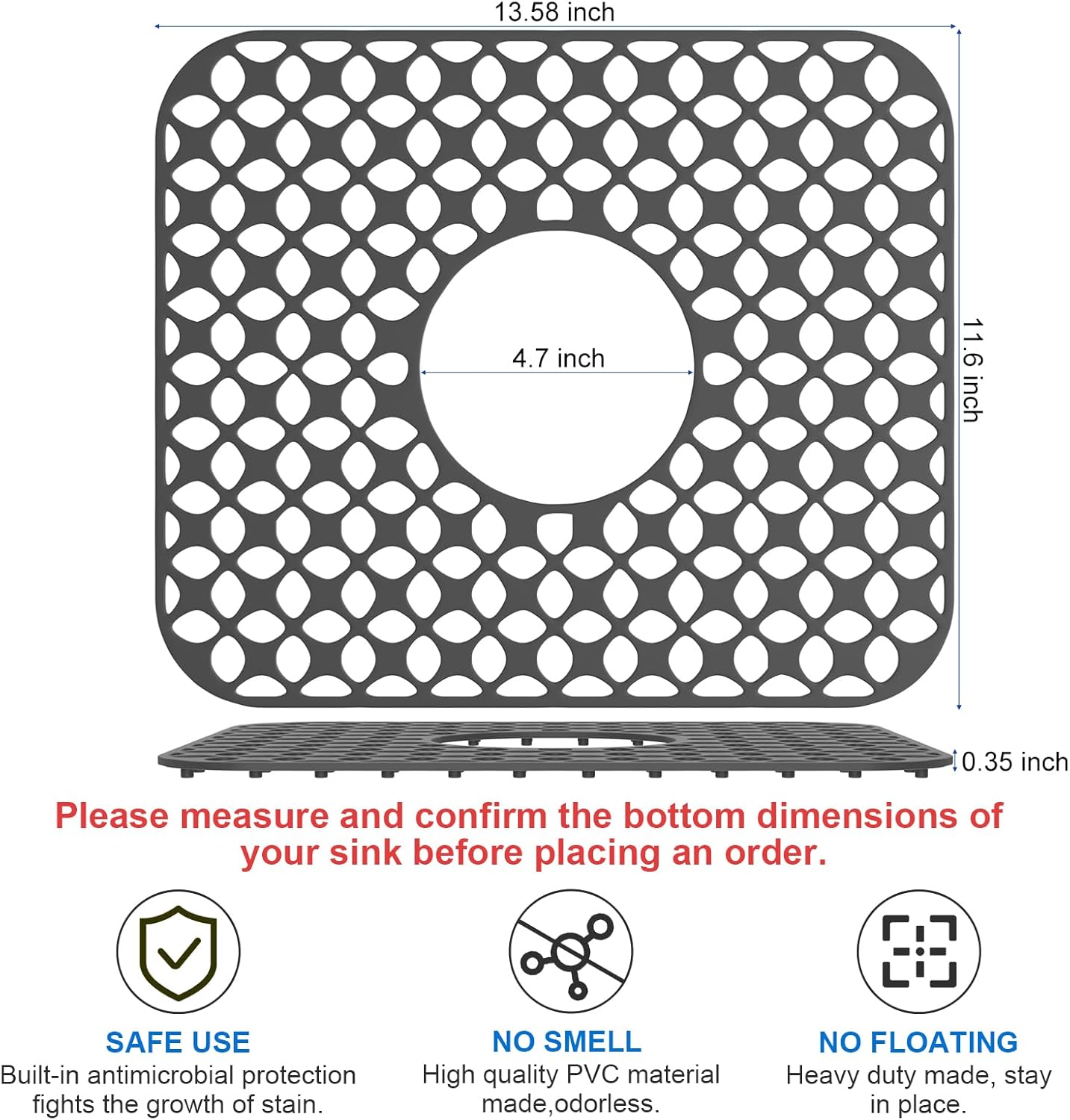 TOOVEM Sink Protectors for Kitchen Sink, Folding Non-slip Kitchen Mat, Heat Resistant Silicone Mat 1 Pcs, Grey, 13.58 ''x 11.6 ''