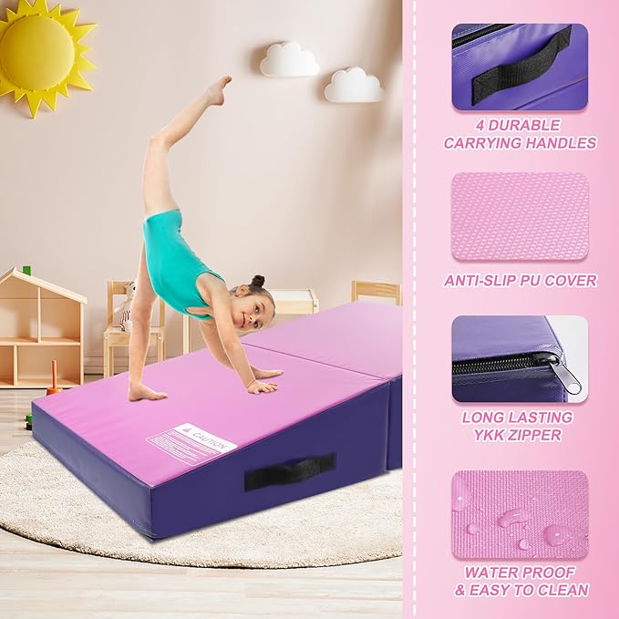 Kangaroo Hoppers Incline Gymnastics Mat, 48”x24”x14” / 56"x28"x15" / 34”x24”x13” Folding Wedge for Kids Tumbling, Skill Training, Multiple Colors Cheese Mat for Gymnastics, Home Gym Exercise