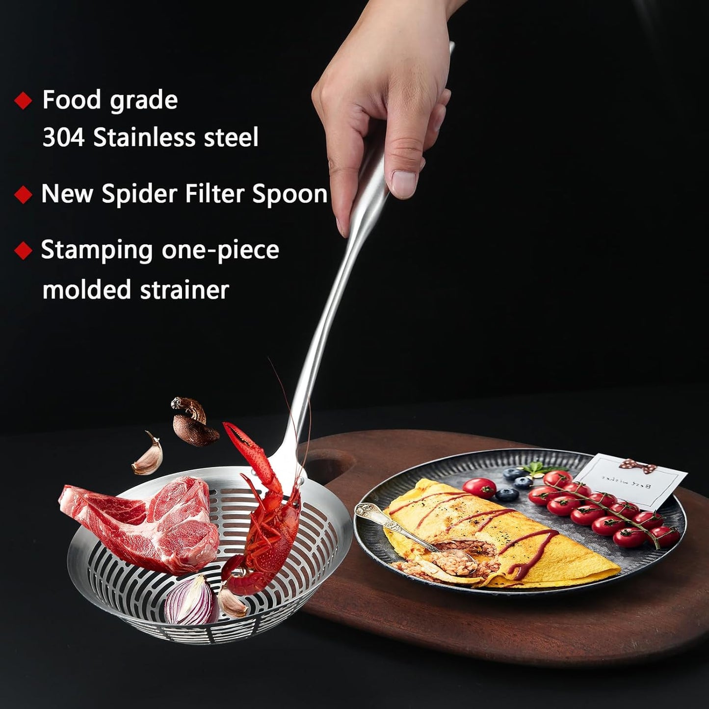 Cooking Skimmer 304 Stainless Steel Spider Strainer Handheld Metal Slotted Spoon With Holes Mesh Ladle For Spaghetti Pasta;Poached Egg;Noodle;Vegetables;Kitchen Frying And Cooking Tools