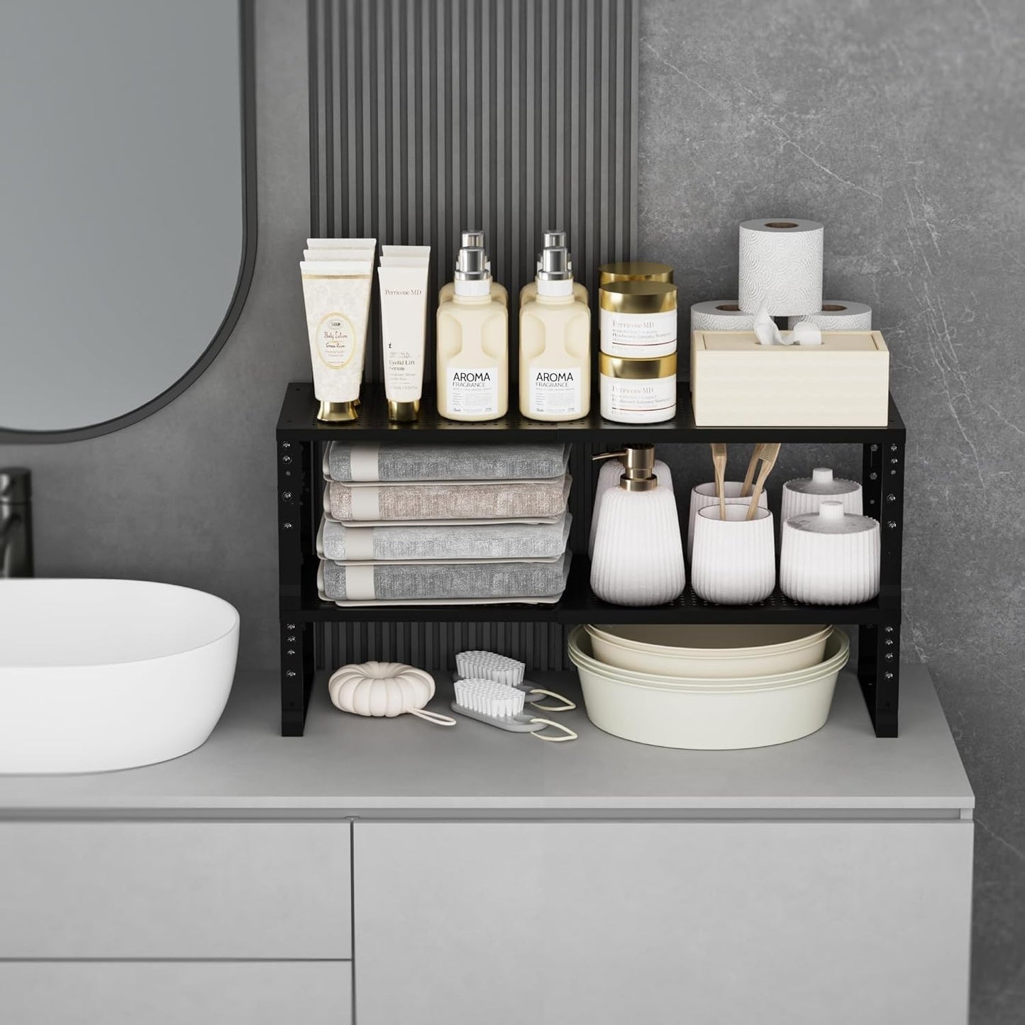 Expandable Spice Rack Kitchen Cabinet Shelf Organizer, Stackable Storage Shelves Racks, Adjustable Counter Shelving for Cabinets, Countertop, Cupboard,Pantry and More(1Pack/Black/Large)