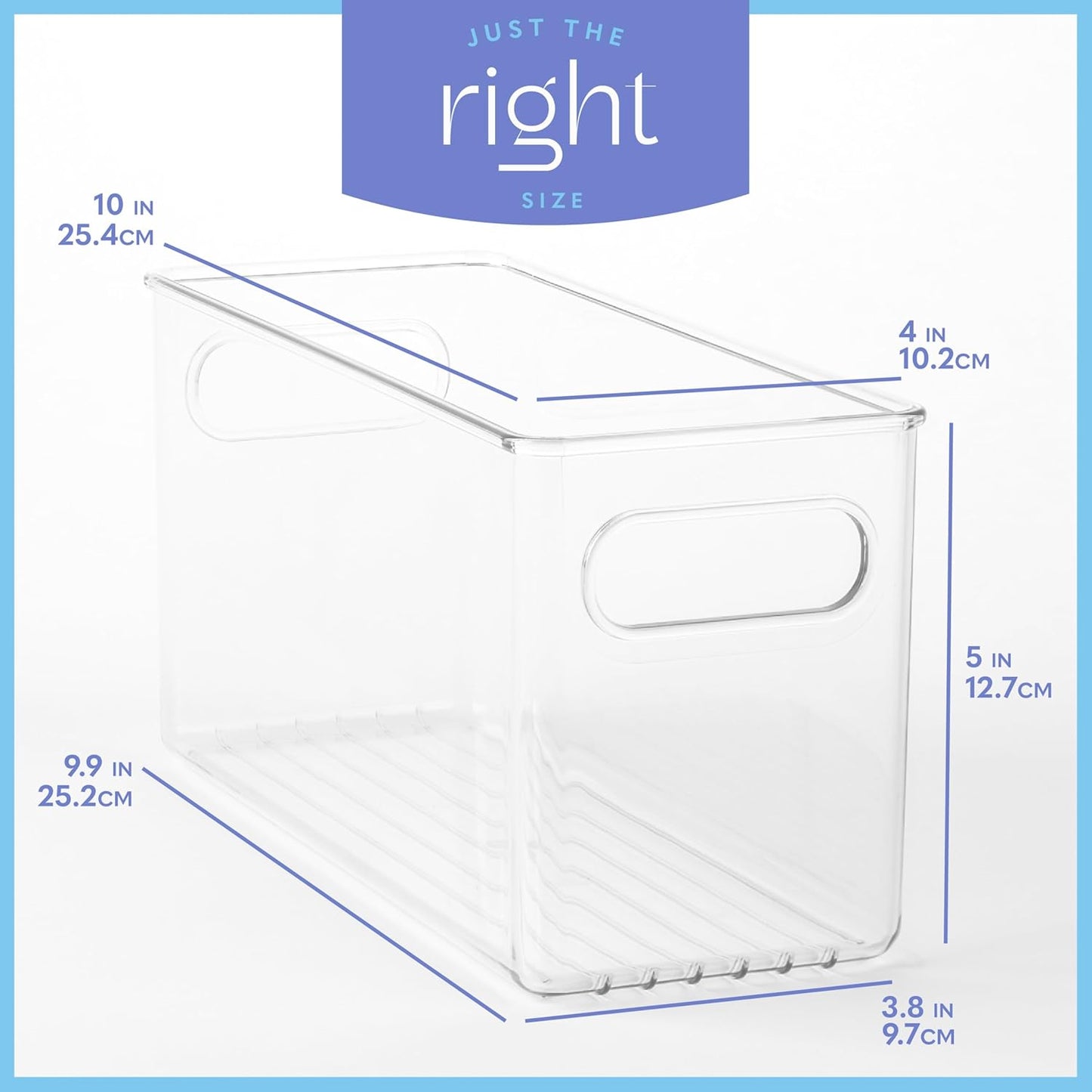 Clear Plastic 4 Pack Storage Container Bin with Integrated Easy Grip Handles. For Kitchen, Fridge, Freezer, Cabinet, Pantry, Bathroom Organization. 10"x4"x5"